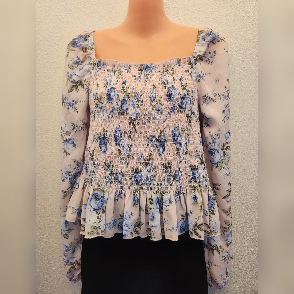 NO COMMENT Blue and Baby Pink Smocked Ruffled Cropped Blouse